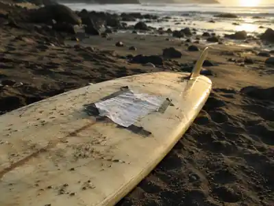 A longboard on dark sand with a note taped to it